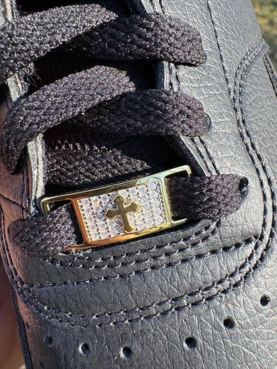 MOISSANITE Iced Out Cross Lace Locks - 14k Gold Vermeil Over 925 Silver - Great For All Sneakers: Nike Air Force 1, Jordans, & More