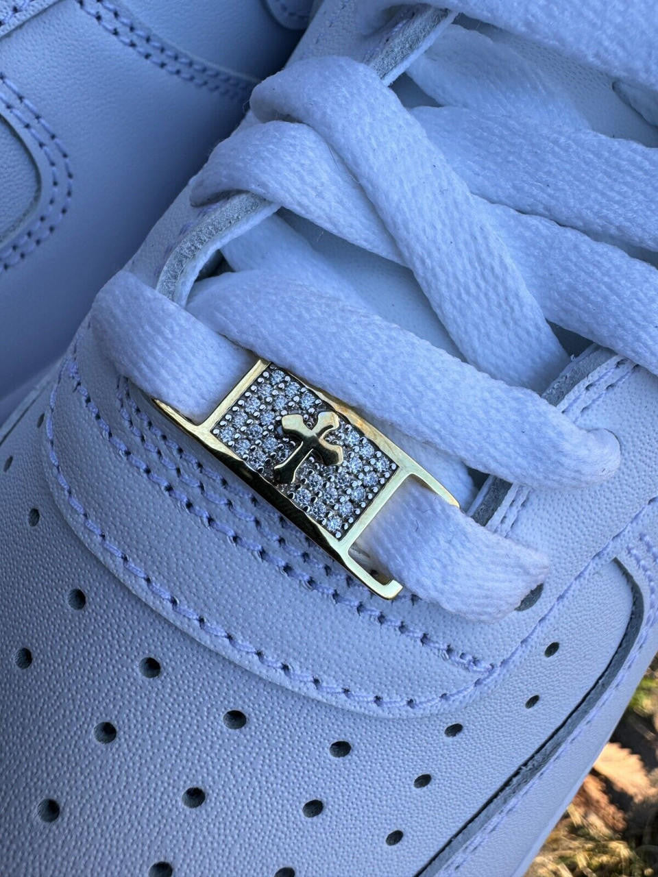MOISSANITE Iced Out Cross Lace Locks - 14k Gold Vermeil Over 925 Silver - Great For All Sneakers: Nike Air Force 1, Jordans, & More