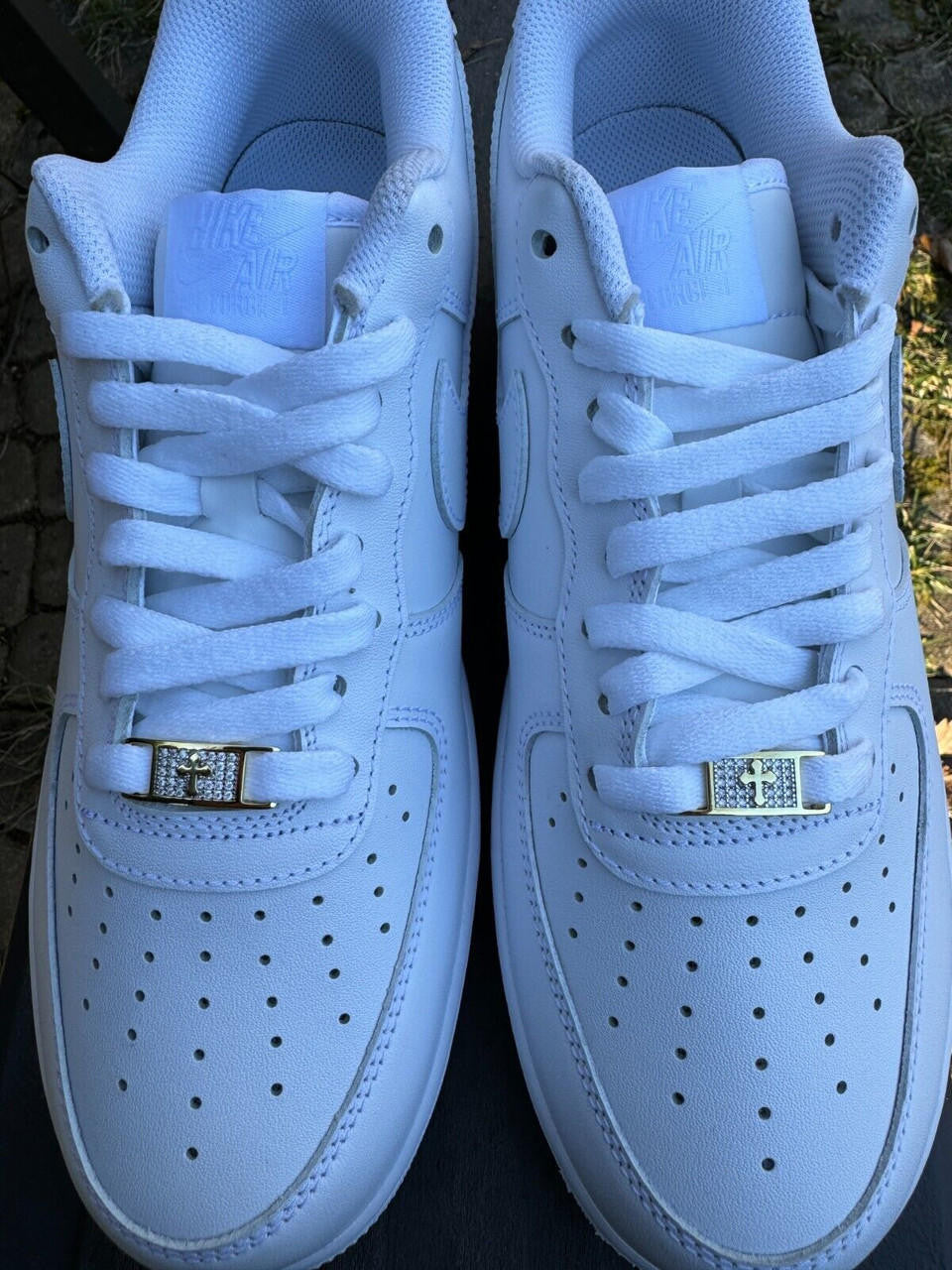 MOISSANITE Iced Out Cross Lace Locks - 14k Gold Vermeil Over 925 Silver - Great For All Sneakers: Nike Air Force 1, Jordans, & More