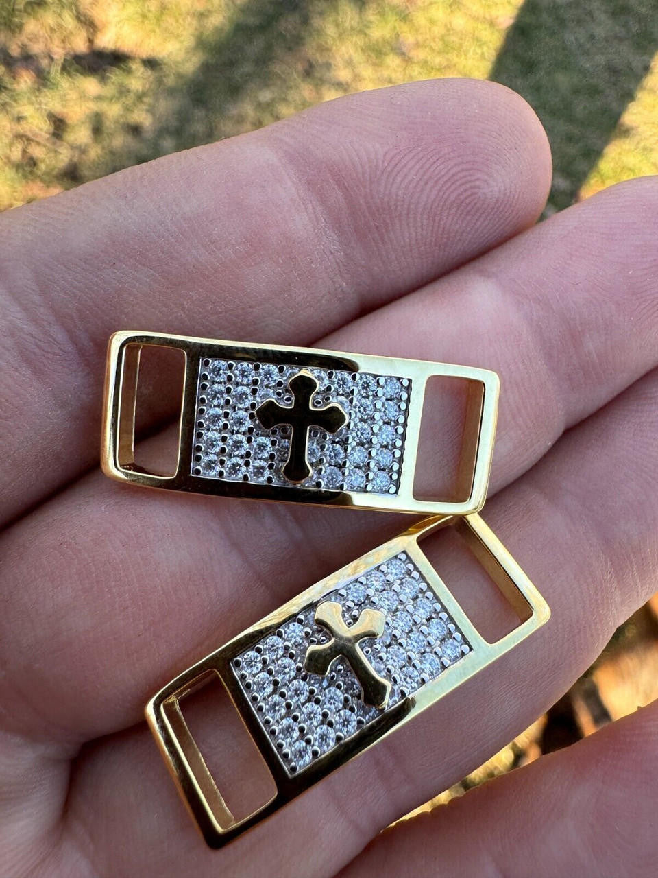 MOISSANITE Iced Out Cross Lace Locks - 14k Gold Vermeil Over 925 Silver - Great For All Sneakers: Nike Air Force 1, Jordans, & More