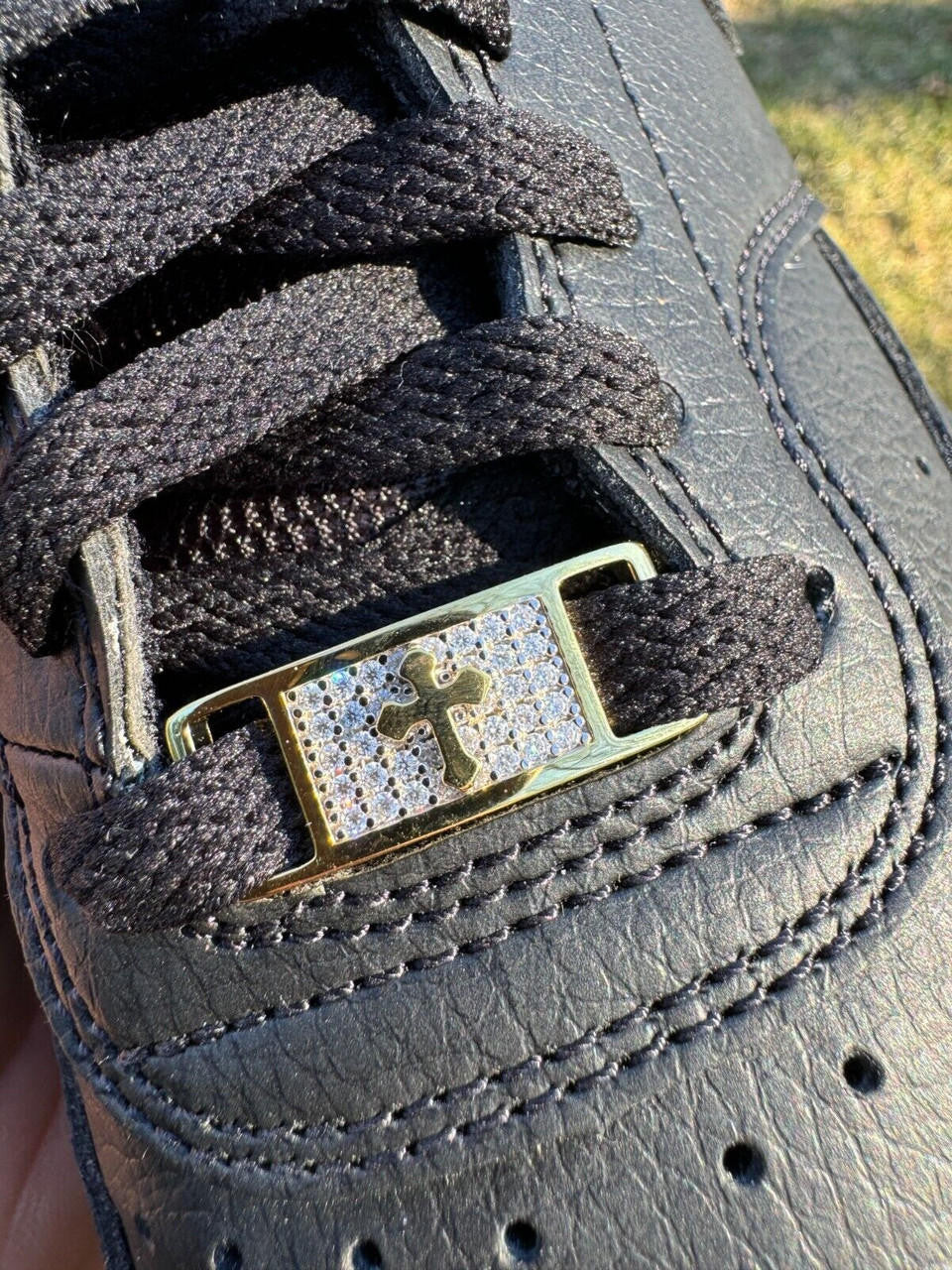 MOISSANITE Iced Out Cross Lace Locks - 14k Gold Vermeil Over 925 Silver - Great For All Sneakers: Nike Air Force 1, Jordans, & More