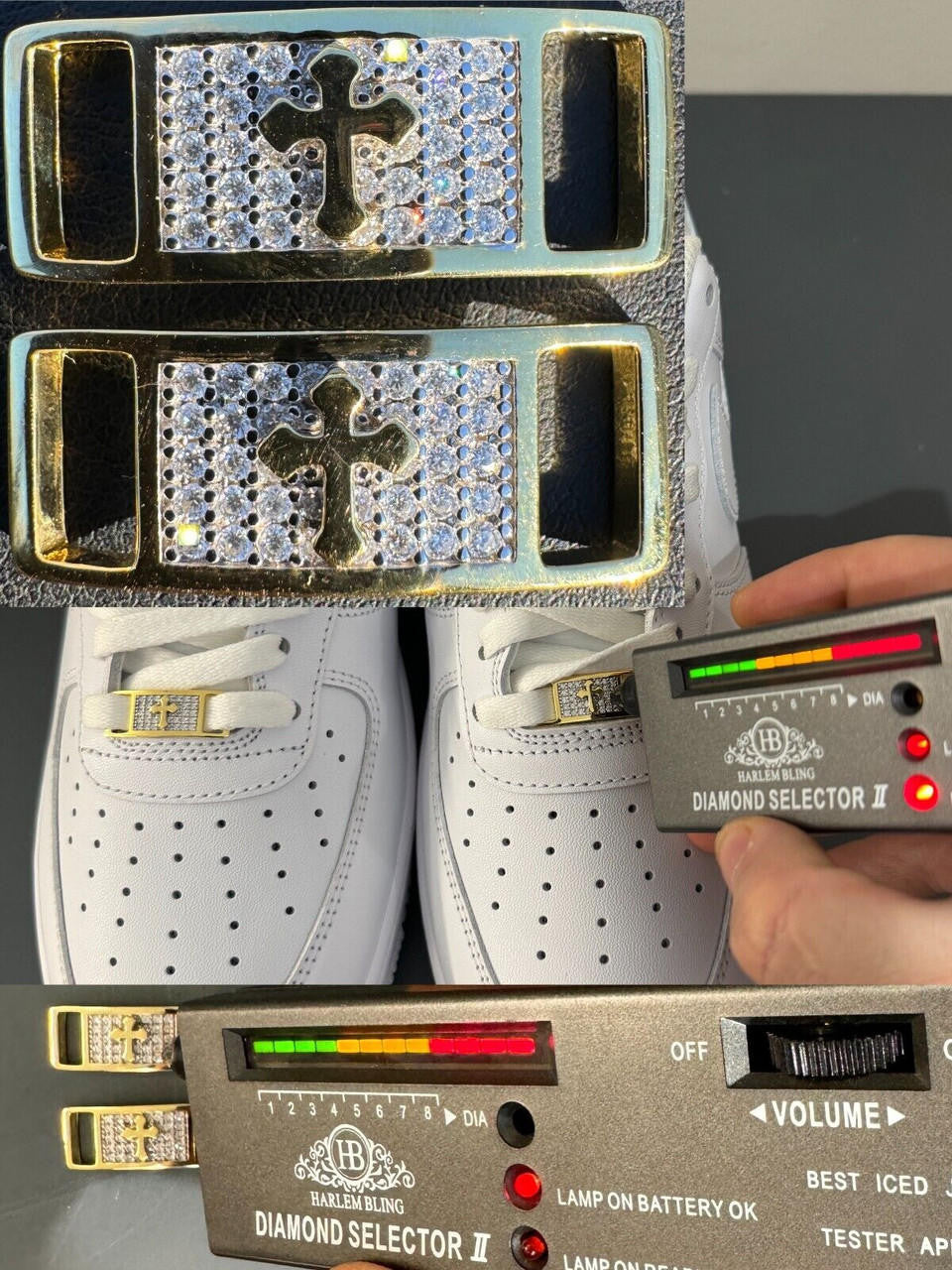 MOISSANITE Iced Out Cross Lace Locks - 14k Gold Vermeil Over 925 Silver - Great For All Sneakers: Nike Air Force 1, Jordans, & More