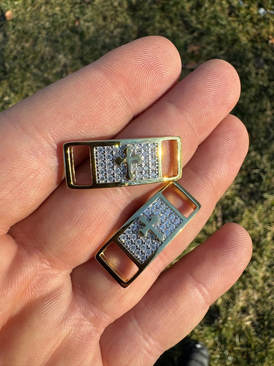 MOISSANITE Iced Out Cross Lace Locks - 14k Gold Vermeil Over 925 Silver - Great For All Sneakers: Nike Air Force 1, Jordans, & More