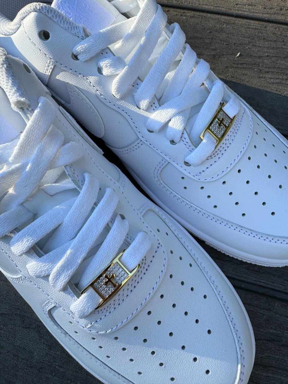 MOISSANITE Iced Out Cross Lace Locks - 14k Gold Vermeil Over 925 Silver - Great For All Sneakers: Nike Air Force 1, Jordans, & More