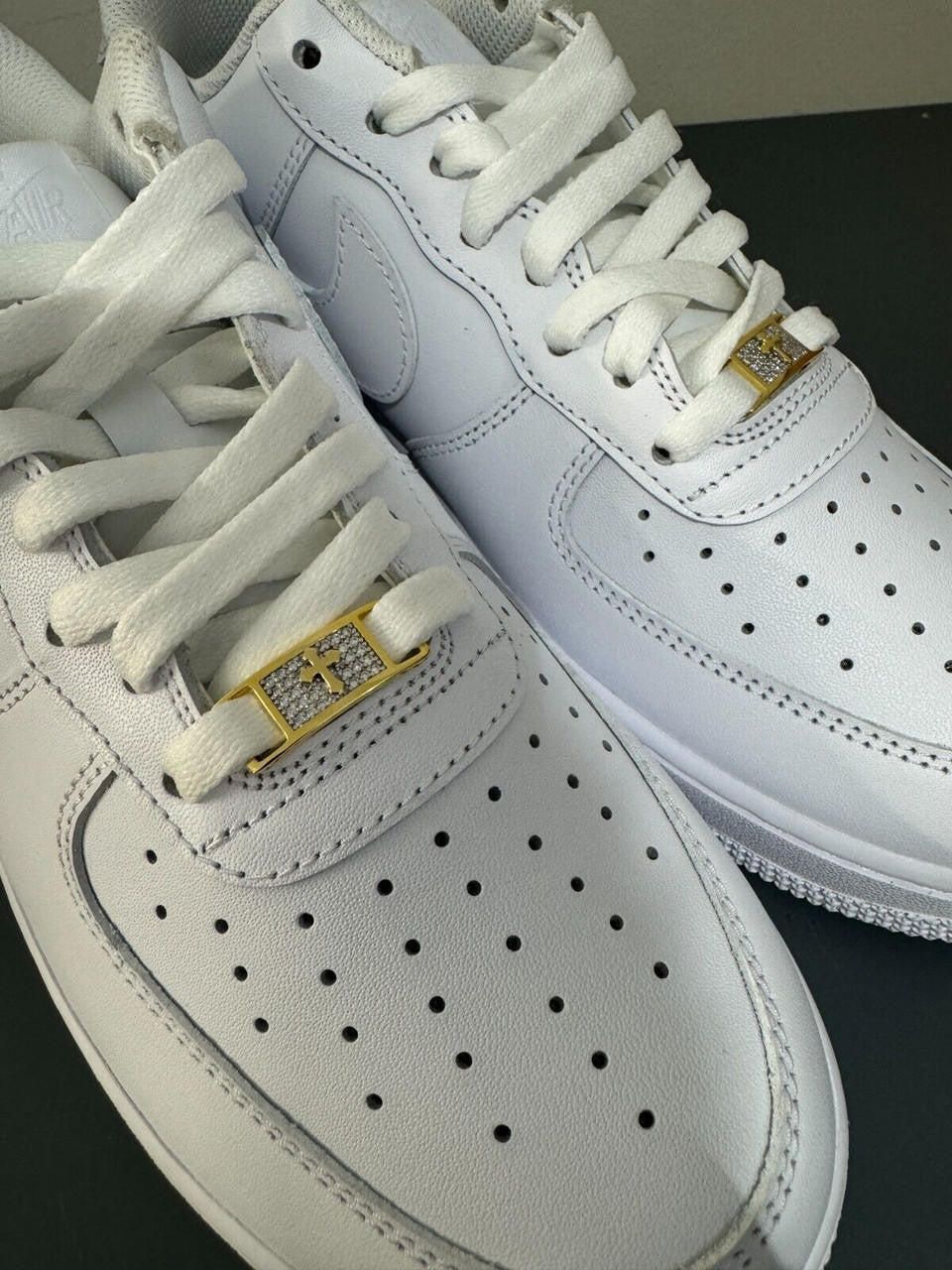 MOISSANITE Iced Out Cross Lace Locks - 14k Gold Vermeil Over 925 Silver - Great For All Sneakers: Nike Air Force 1, Jordans, & More