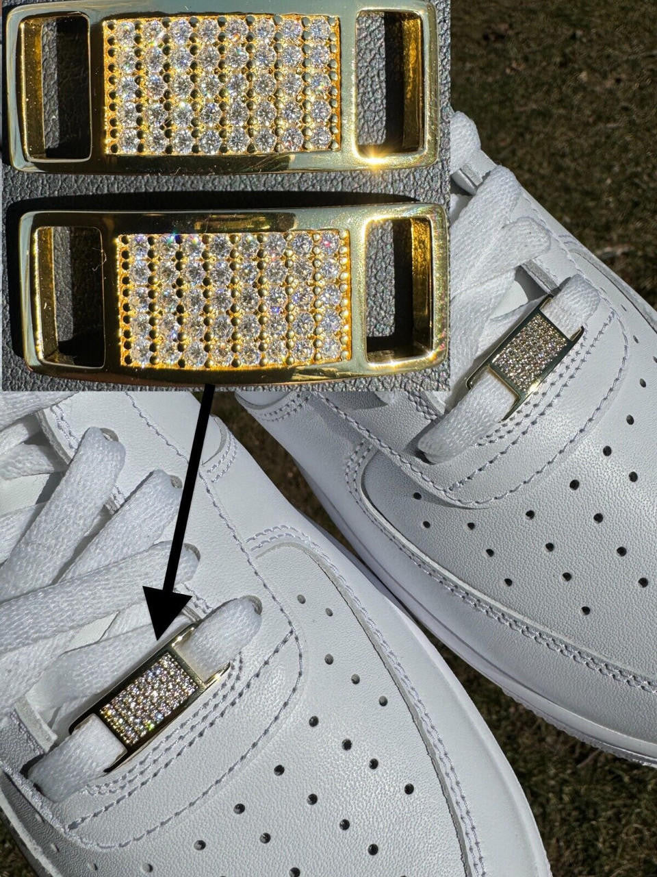 Iced Out Lace Locks - 14k Yellow Gold Vermeil Over 925 Silver - CZ Stones - Great For All Sneakers: Nike Air Force 1, Jordans, & More