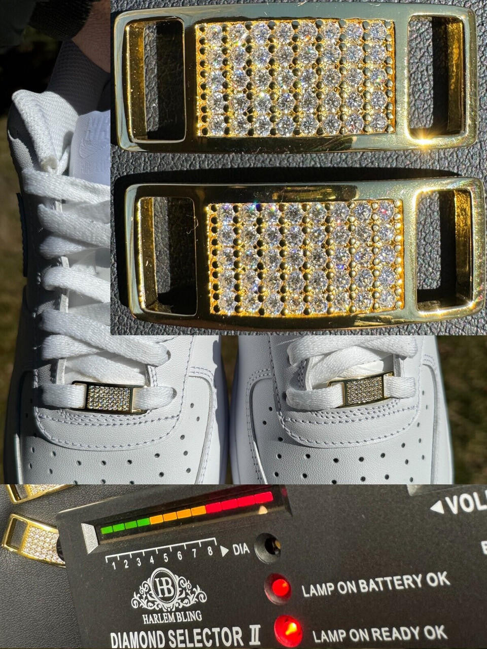 MOISSANITE Iced Out Lace Locks - 14k Gold Vermeil Over 925 Silver - Great For All Sneakers: Nike Air Force 1, Jordans, & More