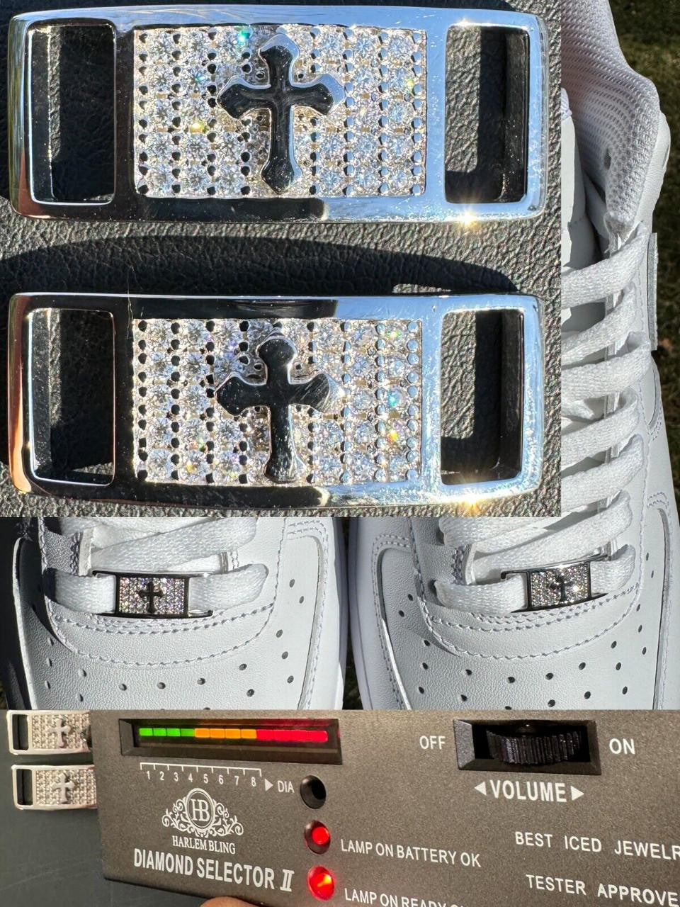 MOISSANITE Iced Out Cross Lace Locks - 925 Silver - Great For All Sneakers: Nike Air Force 1, Jordans, & More