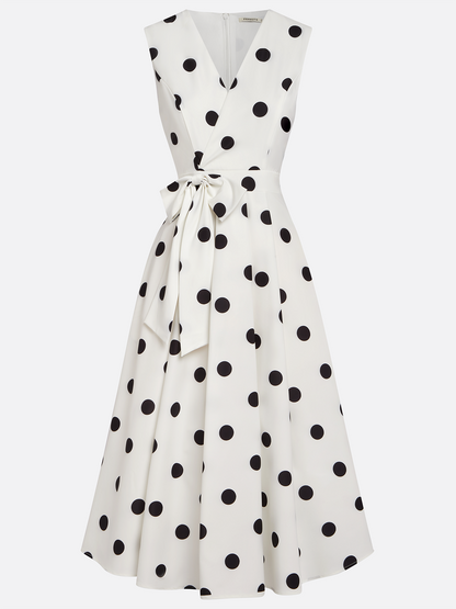 Black‑and‑White Classic Polka Dot French Sleeveless Midi Dress