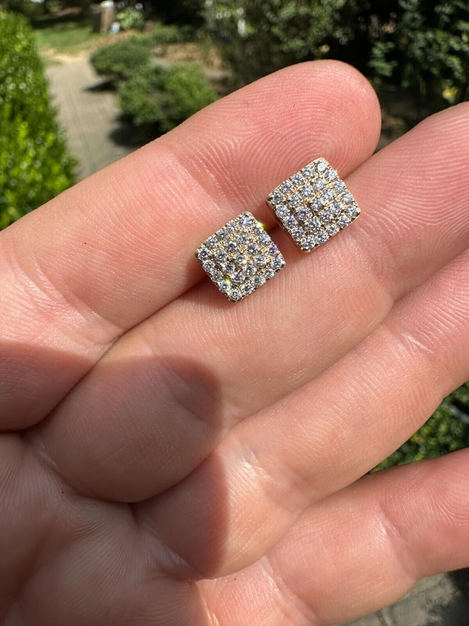 1.32ct Real DIAMOND Square Everyday Bling Earrings - 14k Yellow Gold - 8.5mm