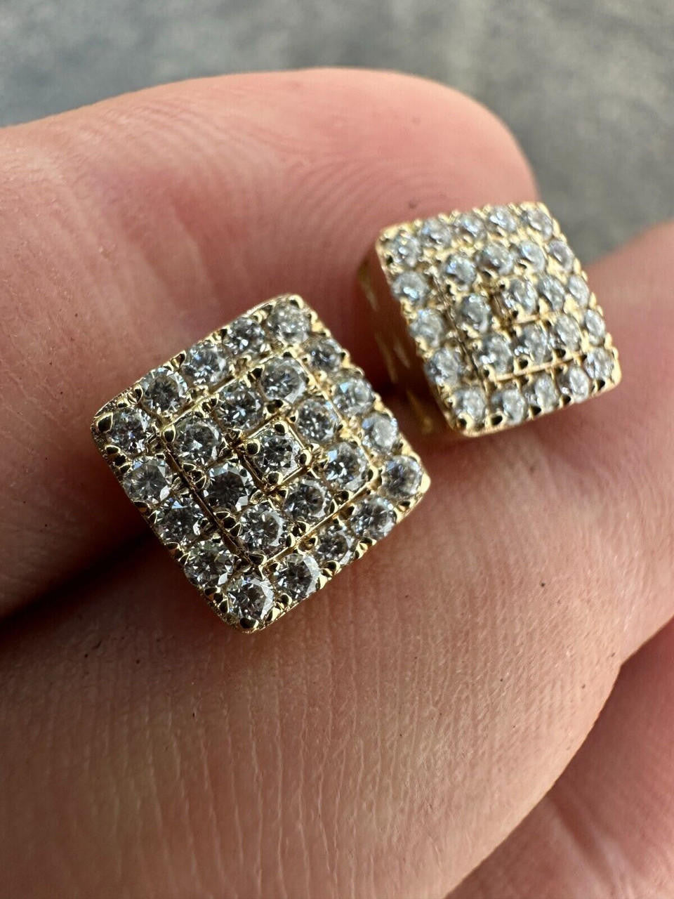1.32ct Real DIAMOND Square Everyday Bling Earrings - 14k Yellow Gold - 8.5mm