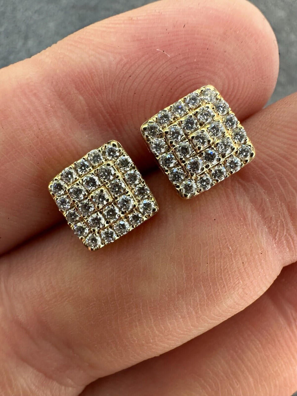 1.32ct Real DIAMOND Square Everyday Bling Earrings - 14k Yellow Gold - 8.5mm