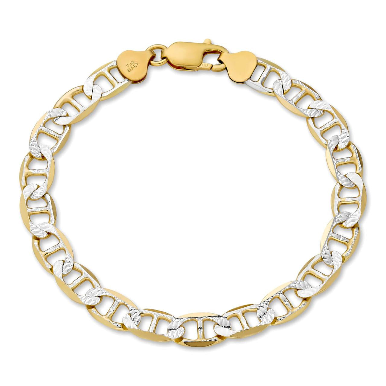 925 Sterling Silver 14k Gold Plated Two Tone Diamond Cut Mariner Link Bracelet
