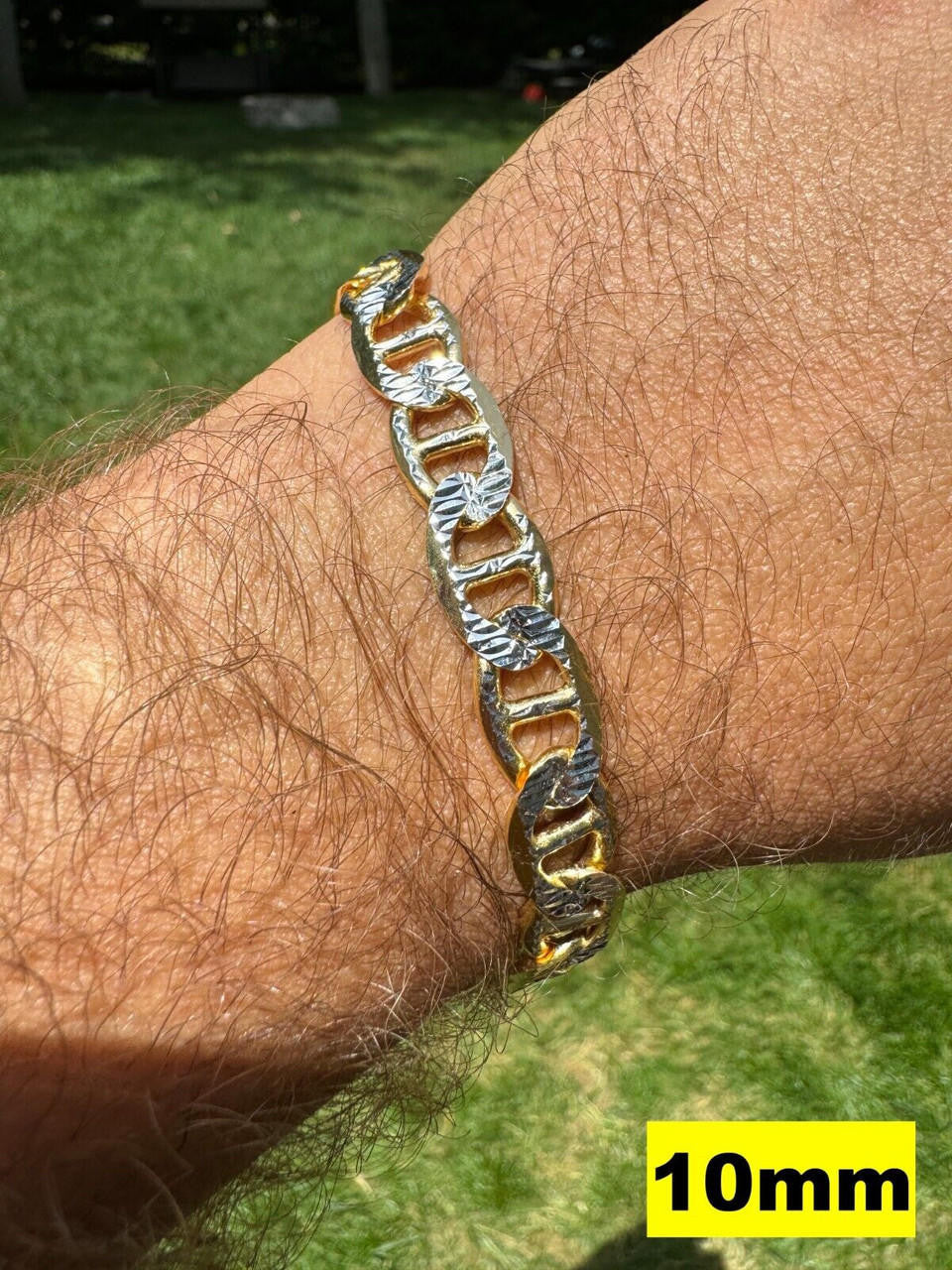 925 Sterling Silver 14k Gold Plated Two Tone Diamond Cut Mariner Link Bracelet