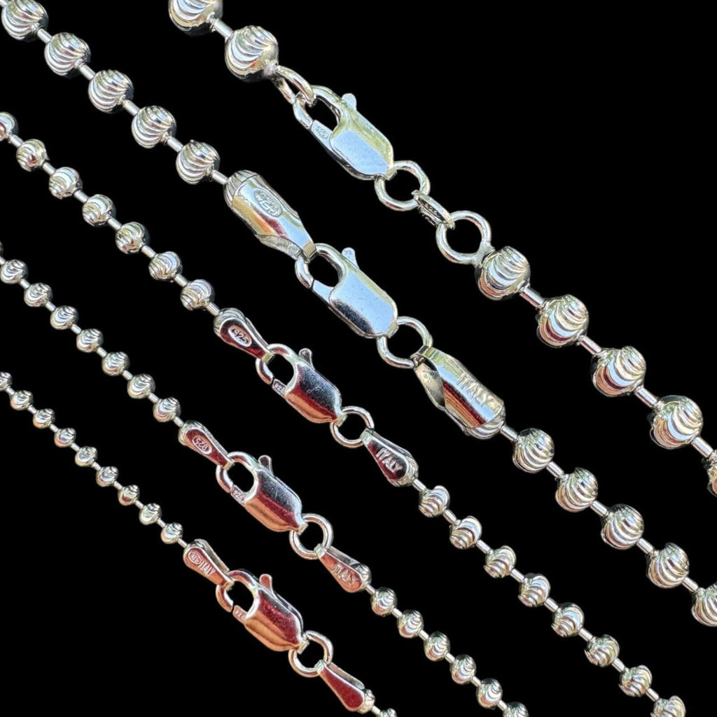 Ball Bead Moon Cut "Dog Tag" Chain Necklace - Rhodium Finish 925 Sterling Silver - 16"-30" - 2mm-5mm