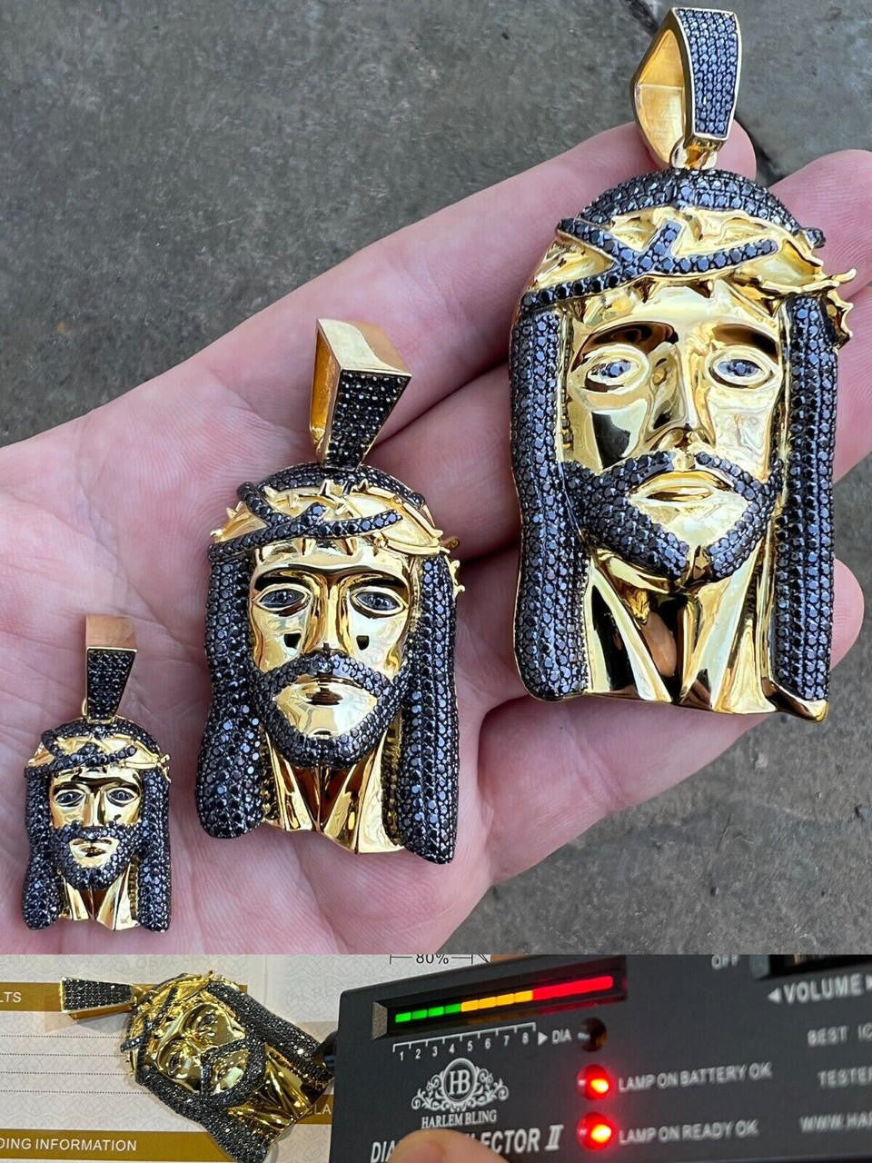 Black MOISSANITE Hip Hop Jesus Pendant - 14k Gold Vermeil 925 Silver - 3 Sizes 1.5"-3.25"