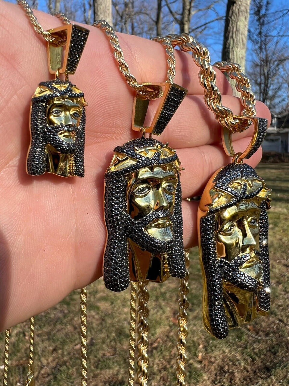 Black MOISSANITE Hip Hop Jesus Pendant - 14k Gold Vermeil 925 Silver - 3 Sizes 1.5"-3.25"