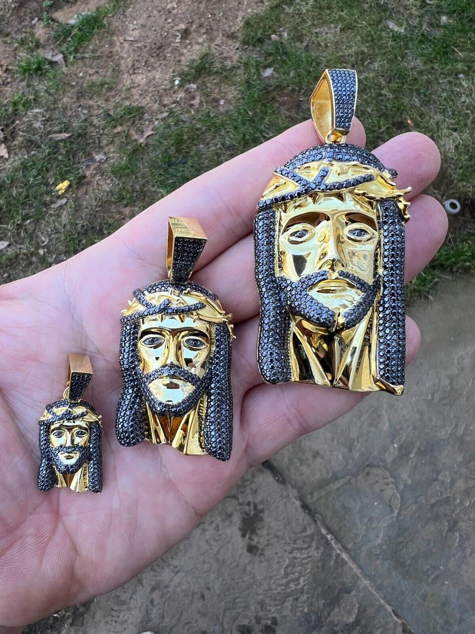 Black MOISSANITE Hip Hop Jesus Pendant - 14k Gold Vermeil 925 Silver - 3 Sizes 1.5"-3.25"