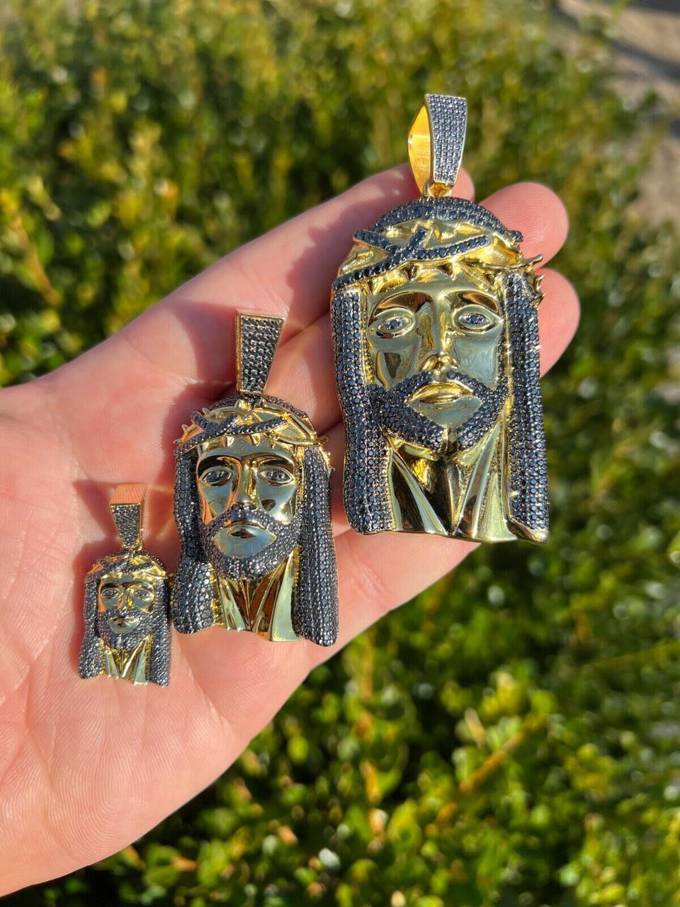 Black MOISSANITE Hip Hop Jesus Pendant - 14k Gold Vermeil 925 Silver - 3 Sizes 1.5"-3.25"