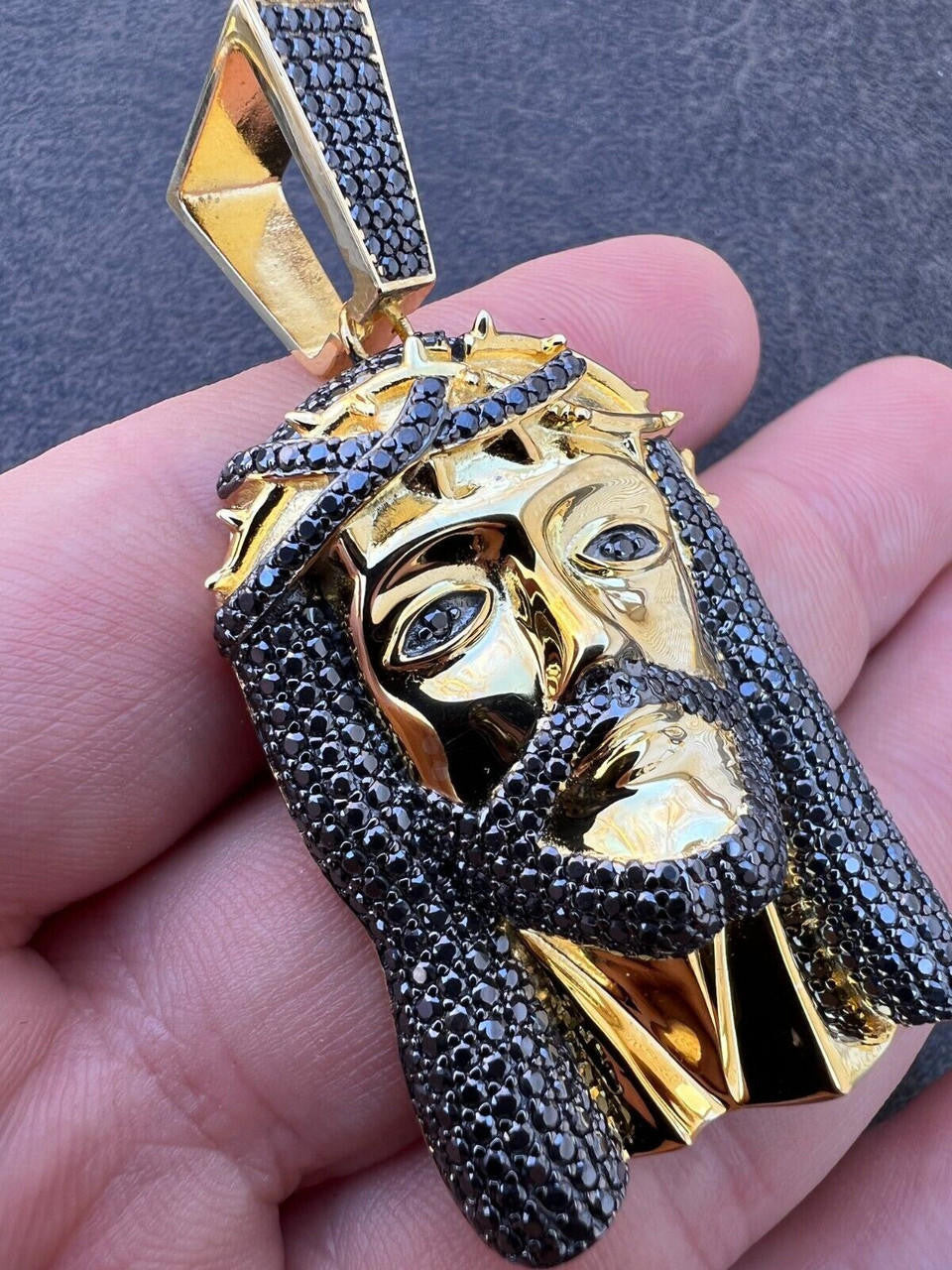 Black MOISSANITE Hip Hop Jesus Pendant - 14k Gold Vermeil 925 Silver - 3 Sizes 1.5"-3.25"