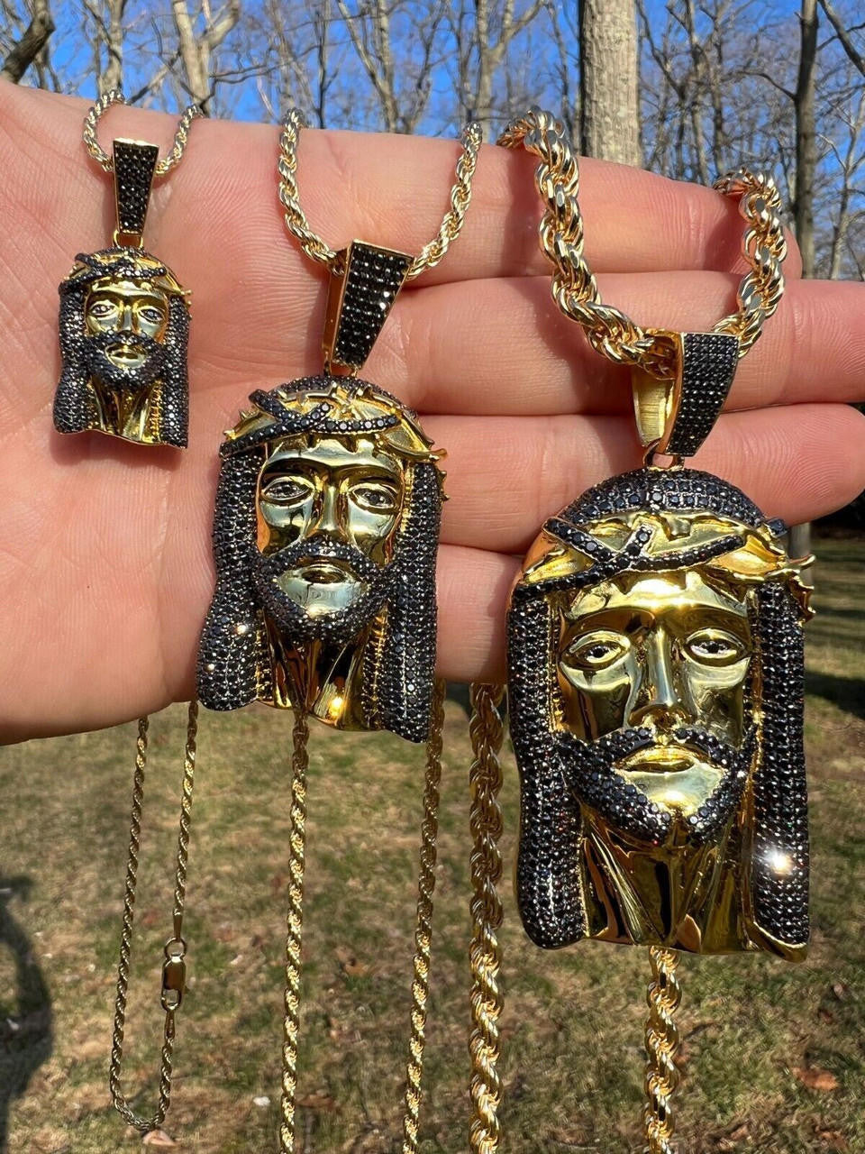 Black MOISSANITE Hip Hop Jesus Pendant - 14k Gold Vermeil 925 Silver - 3 Sizes 1.5"-3.25"