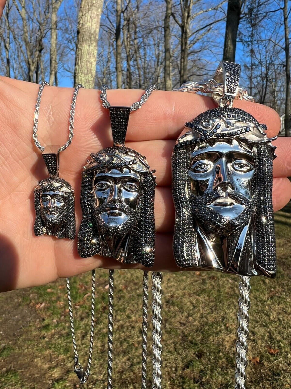 Black MOISSANITE Hip Hop Jesus Pendant - 925 Silver - 3 Sizes 1.5"-3.25"