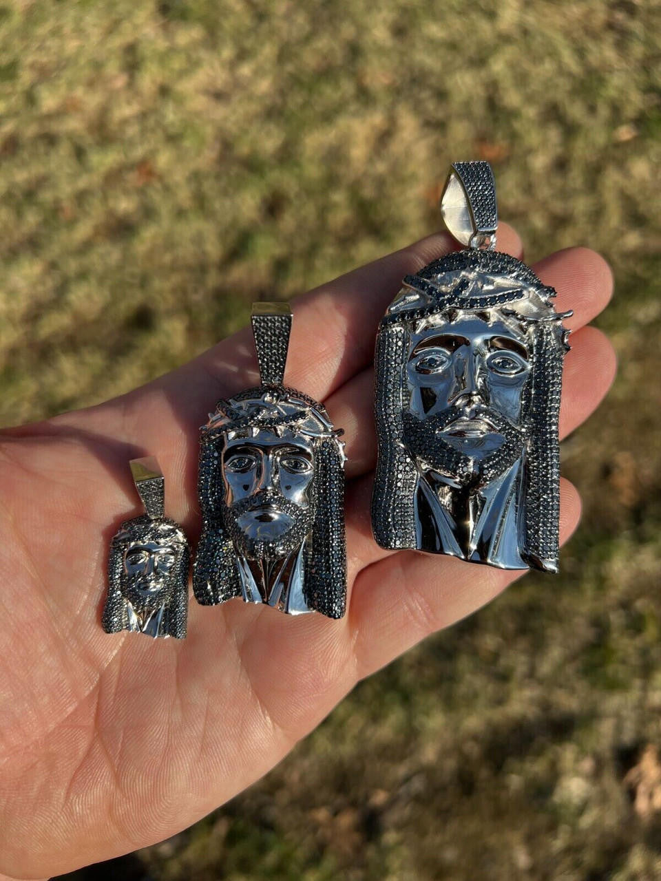 Black MOISSANITE Hip Hop Jesus Pendant - 925 Silver - 3 Sizes 1.5"-3.25"