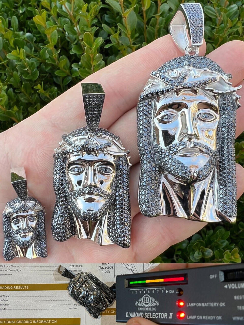 Black MOISSANITE Hip Hop Jesus Pendant - 925 Silver - 3 Sizes 1.5"-3.25"
