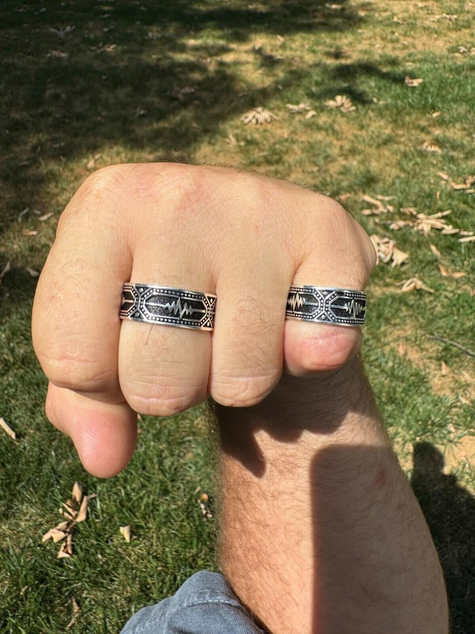 Eternal Love Heartbeat Pulse Eternity Band Ring - 925 Silver Oxidized - Plain