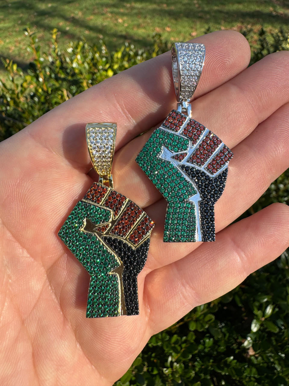 Free Palestine Fist Pendant - 14k Gold Vermeil Or 925 Silver - CZ Stones - Medium 2"