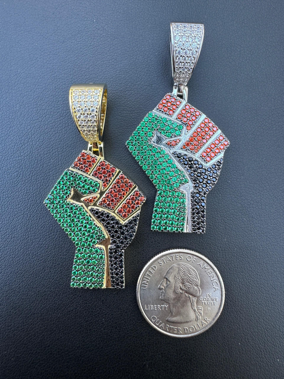 Free Palestine Fist Pendant - 14k Gold Vermeil Or 925 Silver - CZ Stones - Medium 2"
