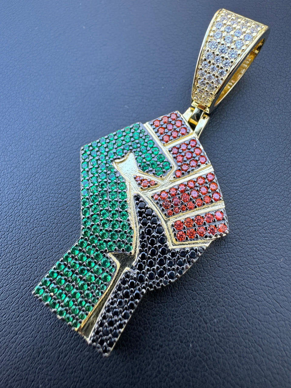 Free Palestine Fist Pendant - 14k Gold Vermeil Or 925 Silver - CZ Stones - Medium 2"