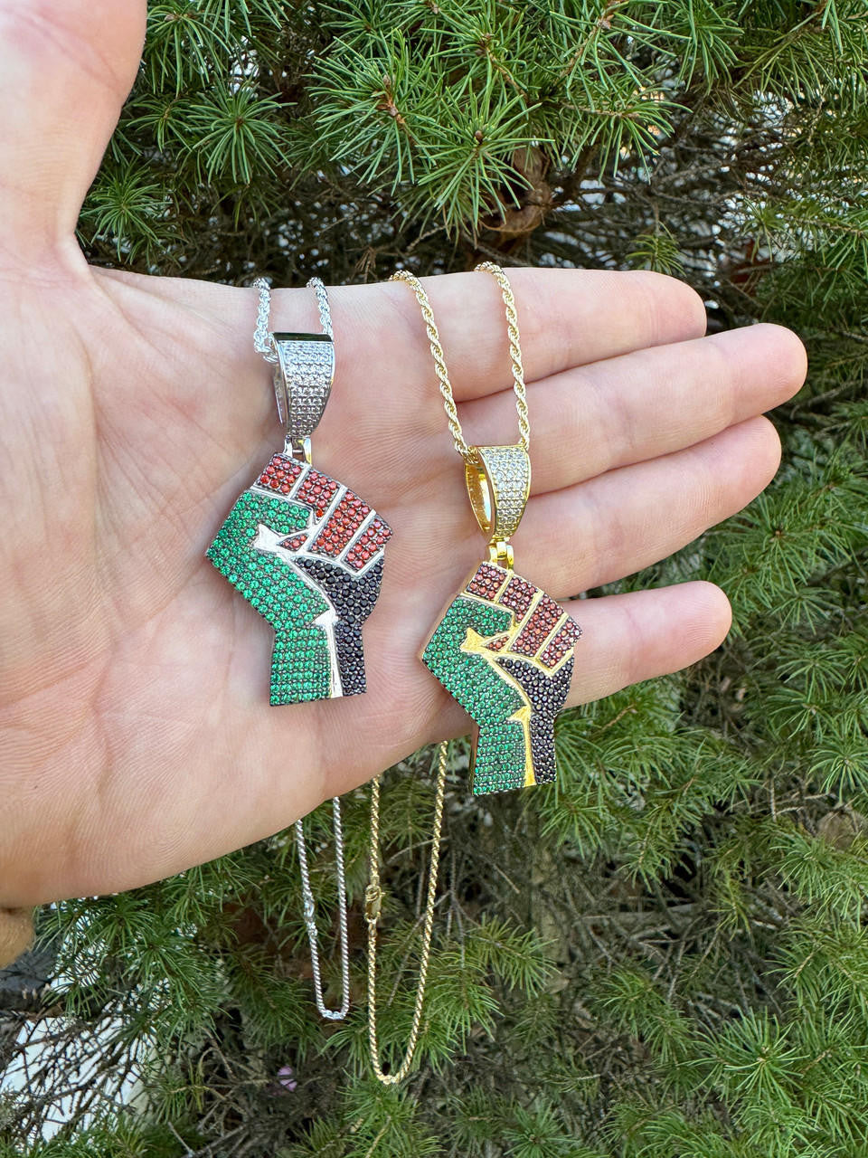 Free Palestine Fist Pendant - 14k Gold Vermeil Or 925 Silver - CZ Stones - Medium 2"