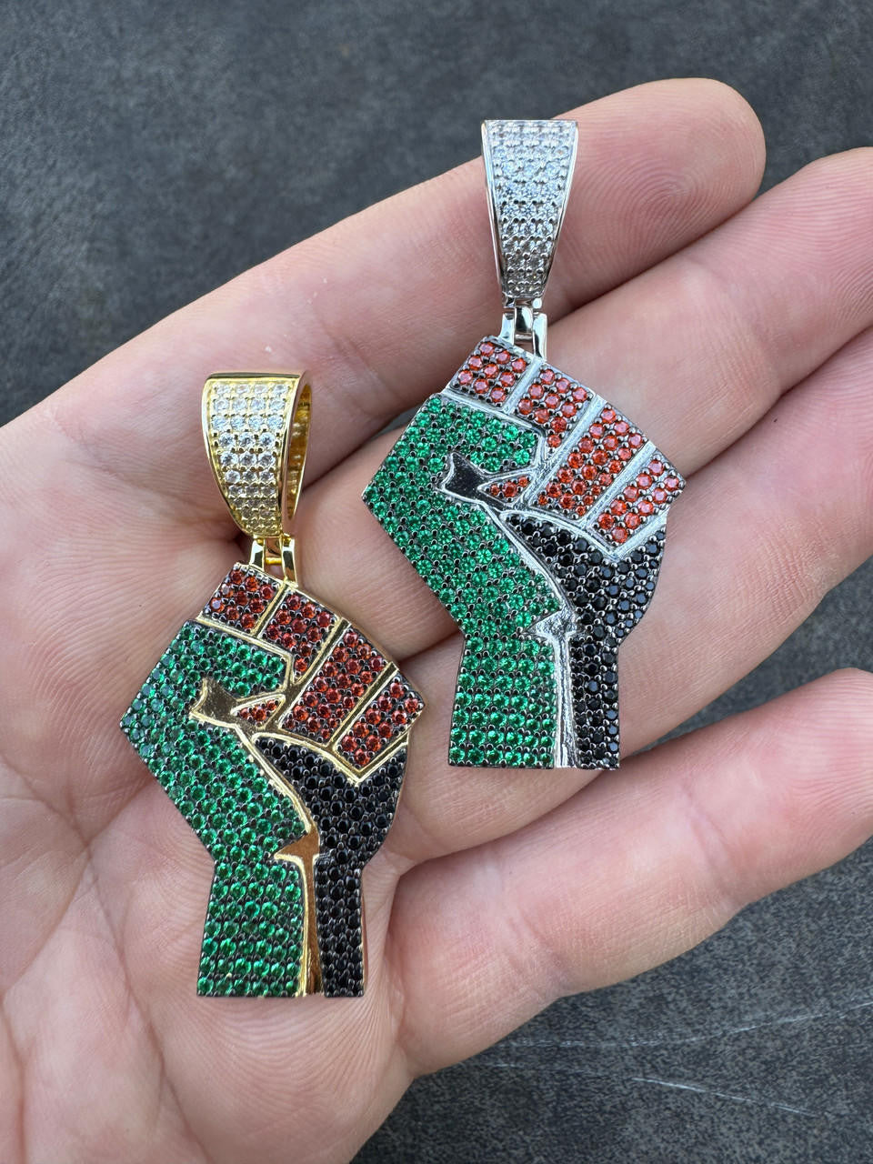 Free Palestine Fist Pendant - 14k Gold Vermeil Or 925 Silver - CZ Stones - Medium 2"