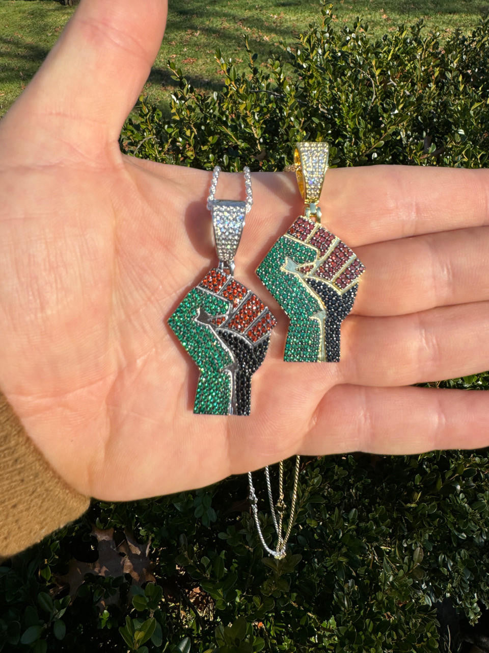 Free Palestine Fist Pendant - 14k Gold Vermeil Or 925 Silver - CZ Stones - Medium 2"