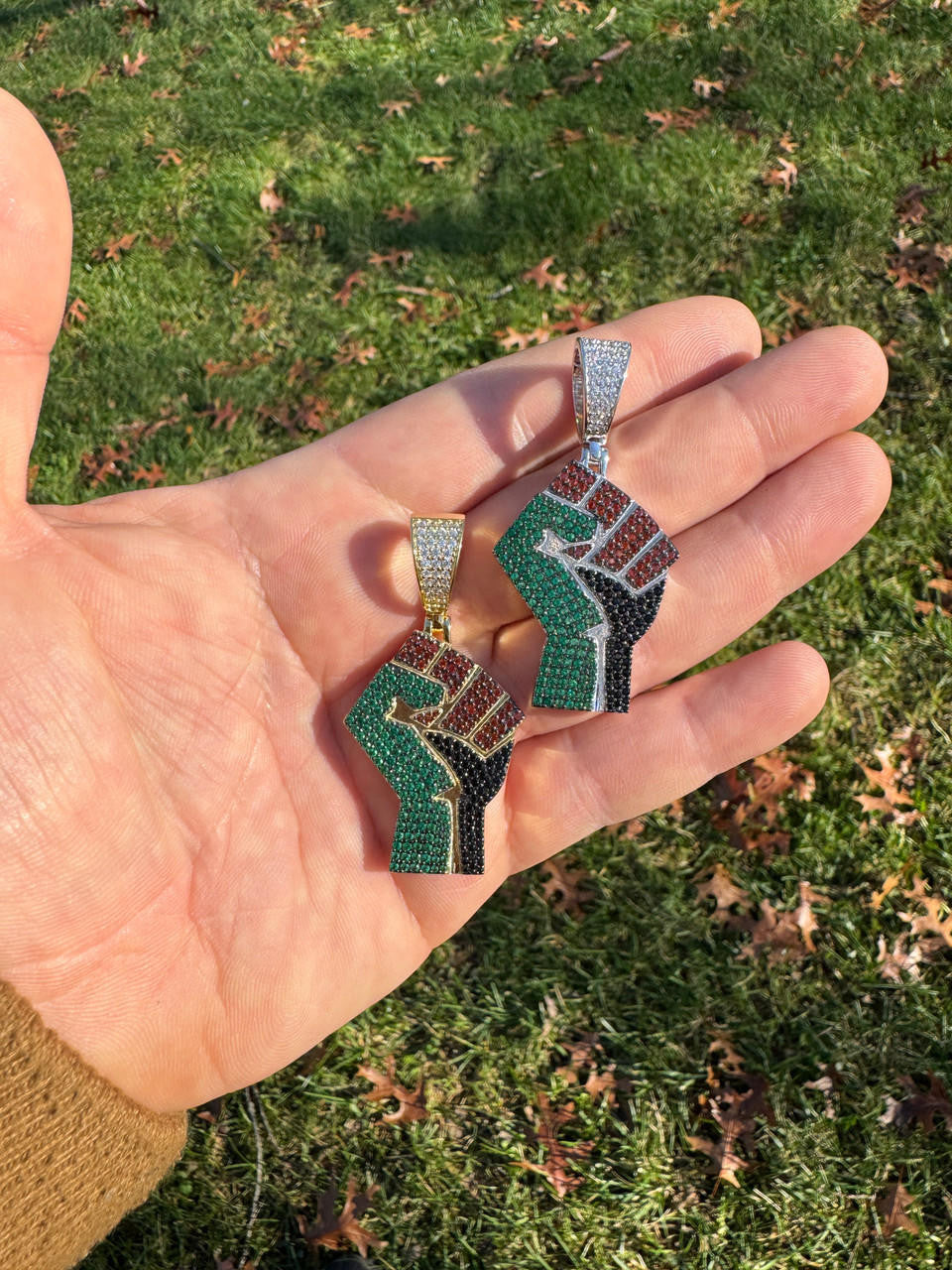 Free Palestine Fist Pendant - 14k Gold Vermeil Or 925 Silver - CZ Stones - Medium 2"