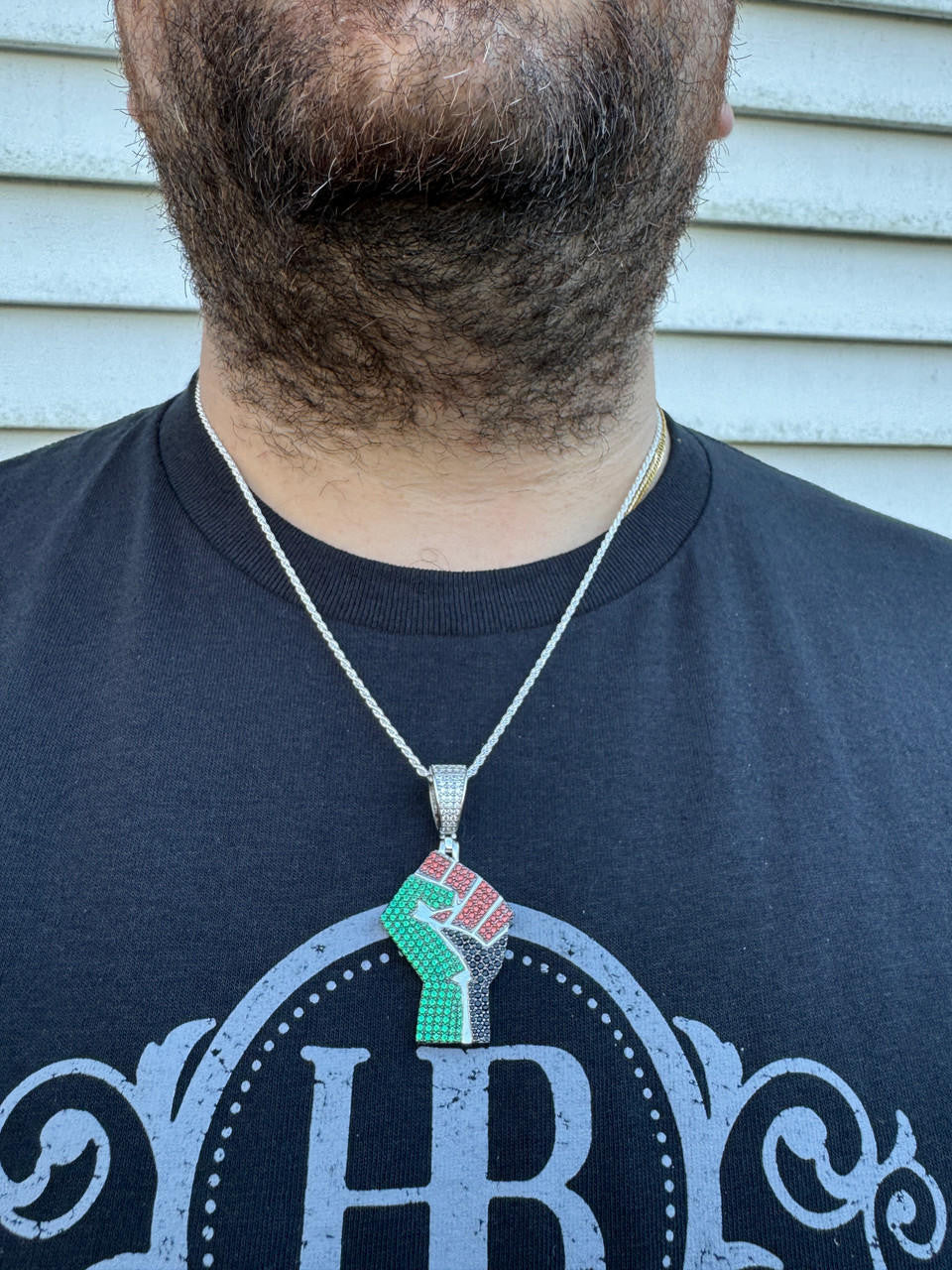 Free Palestine Fist Pendant - 14k Gold Vermeil Or 925 Silver - CZ Stones - Medium 2"
