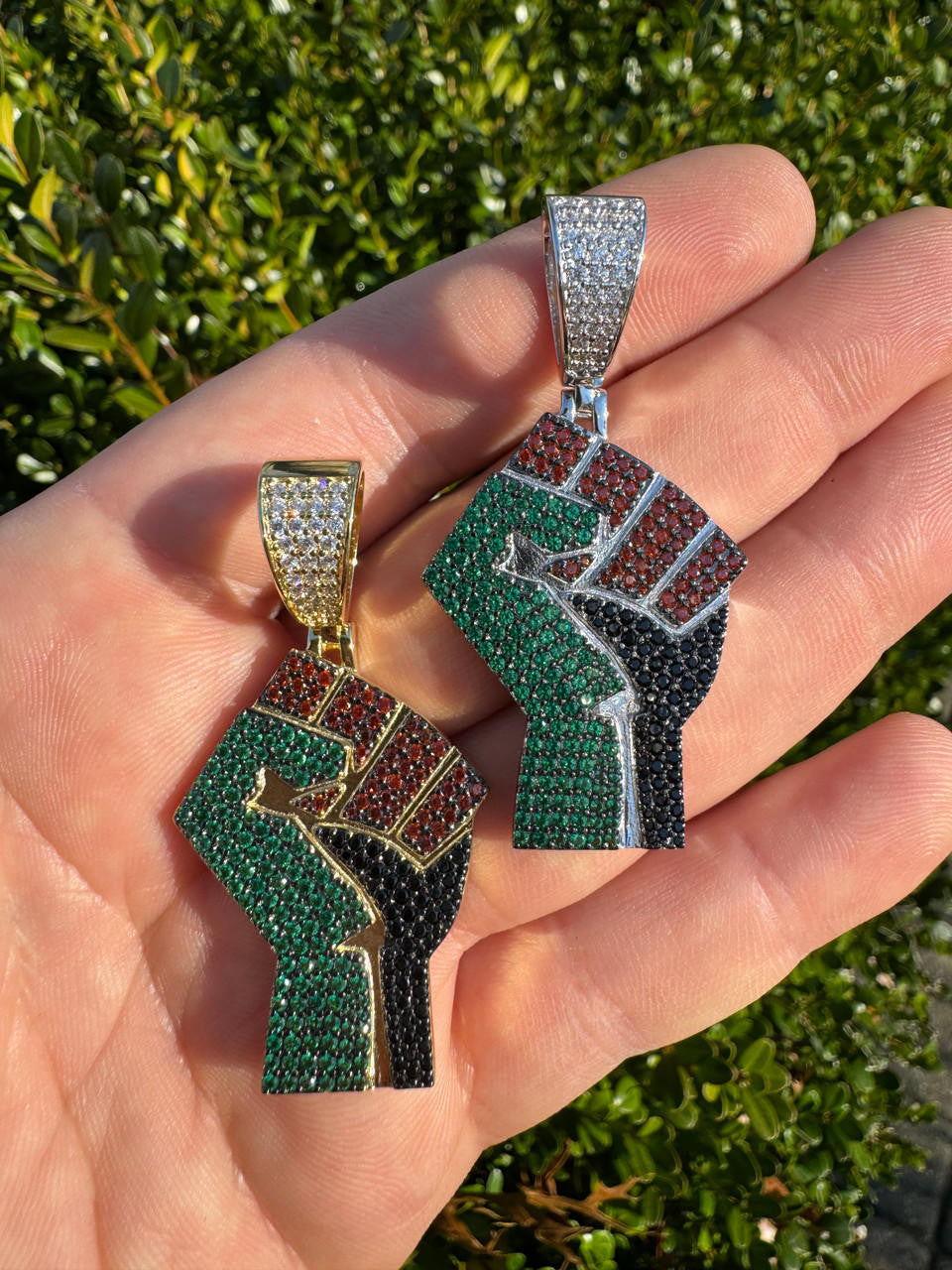Free Palestine Fist Pendant - 14k Gold Vermeil Or 925 Silver - CZ Stones - Medium 2"