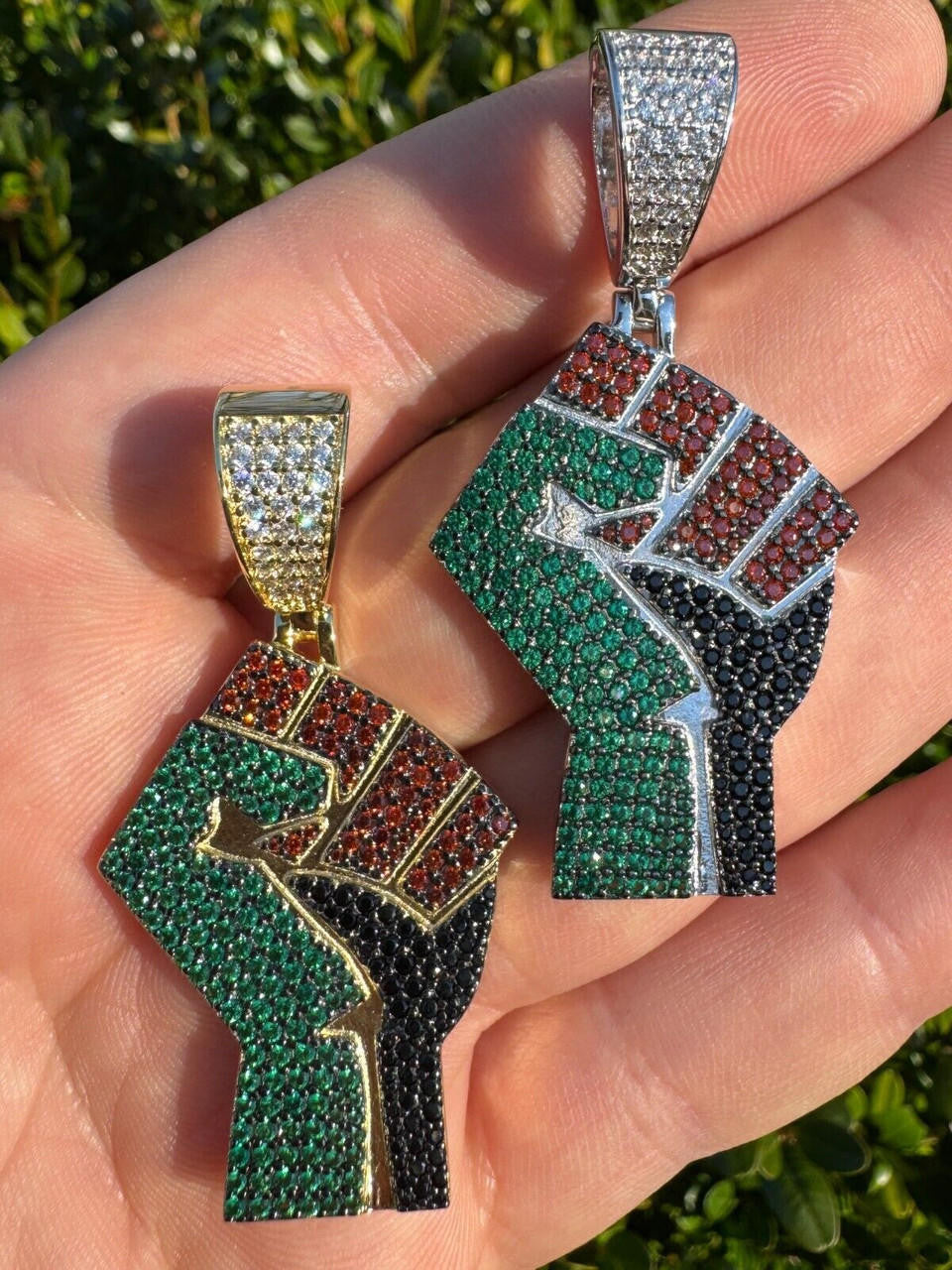 Free Palestine Fist Pendant - 14k Gold Vermeil Or 925 Silver - CZ Stones - Medium 2"