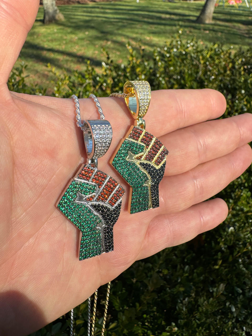 Free Palestine Fist Pendant - 14k Gold Vermeil Or 925 Silver - CZ Stones - Medium 2"