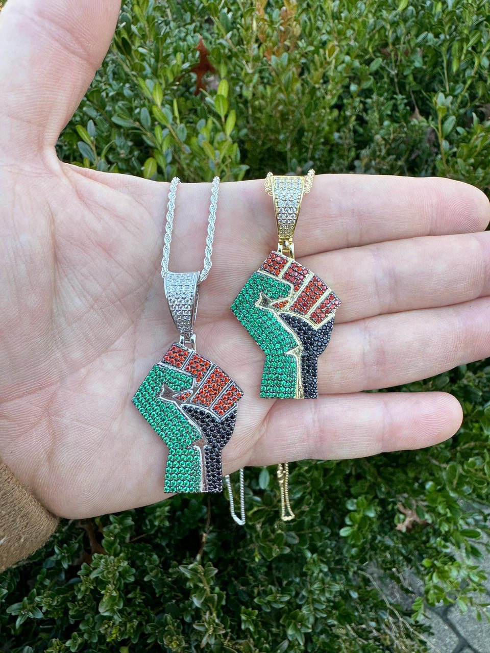 Free Palestine Fist Pendant - 14k Gold Vermeil Or 925 Silver - CZ Stones - Medium 2"