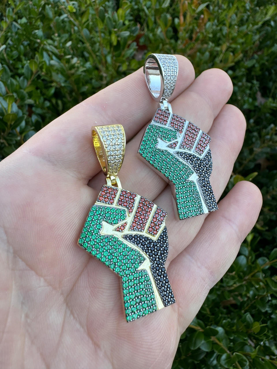 Free Palestine Fist Pendant - 14k Gold Vermeil Or 925 Silver - CZ Stones - Medium 2"