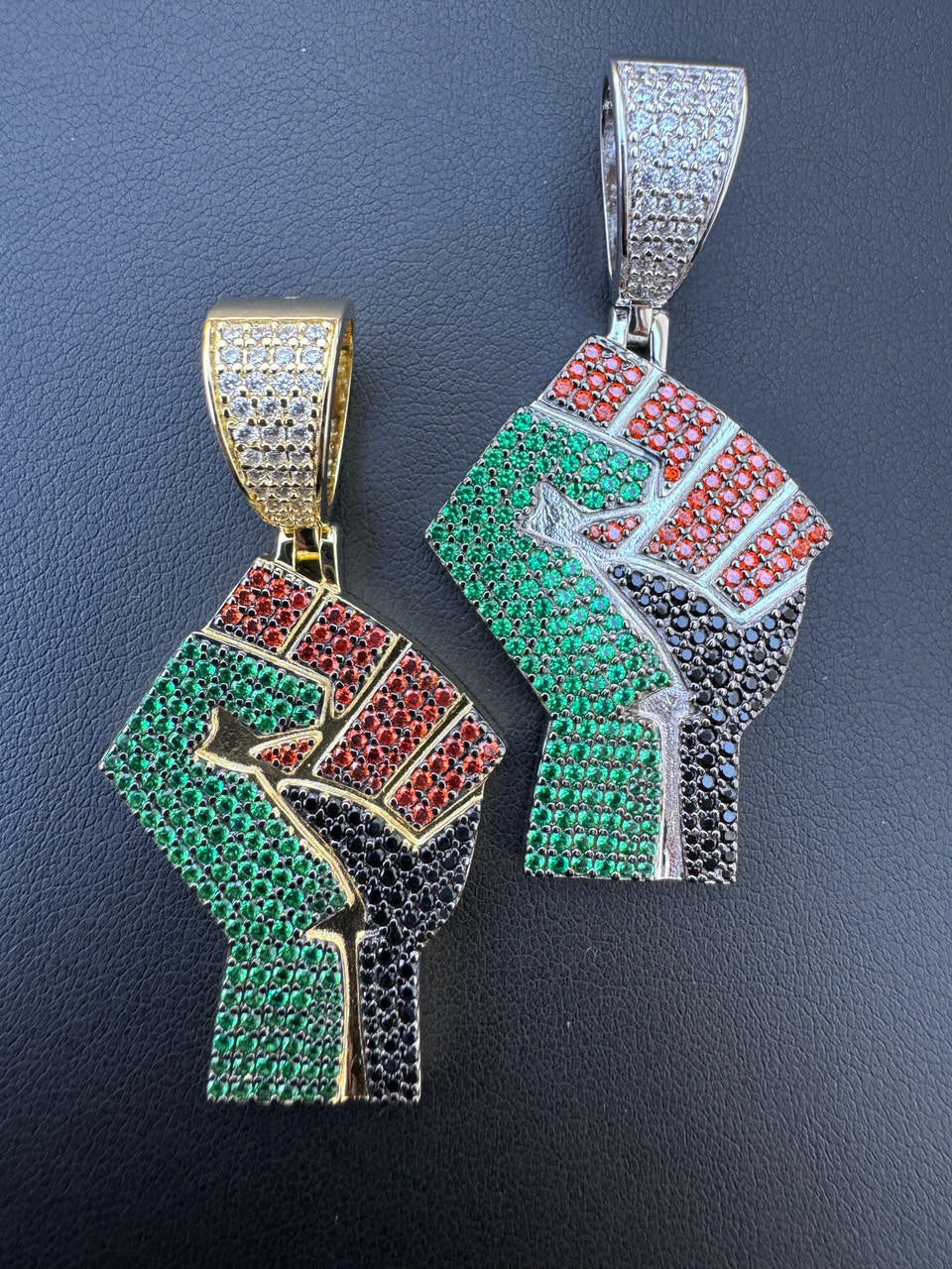 Free Palestine Fist Pendant - 14k Gold Vermeil Or 925 Silver - CZ Stones - Medium 2"