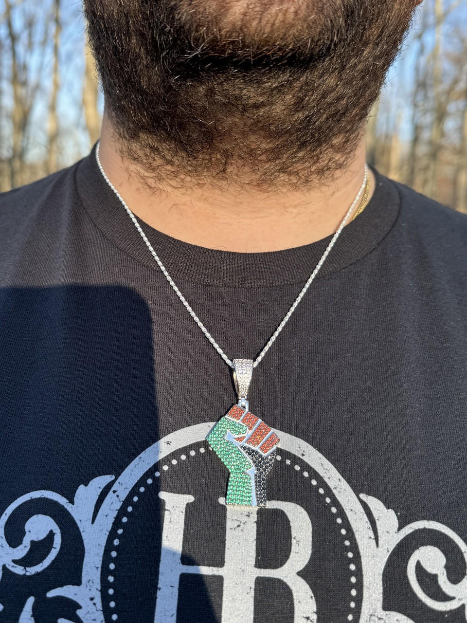 Free Palestine Fist Pendant - 14k Gold Vermeil Or 925 Silver - CZ Stones - Medium 2"