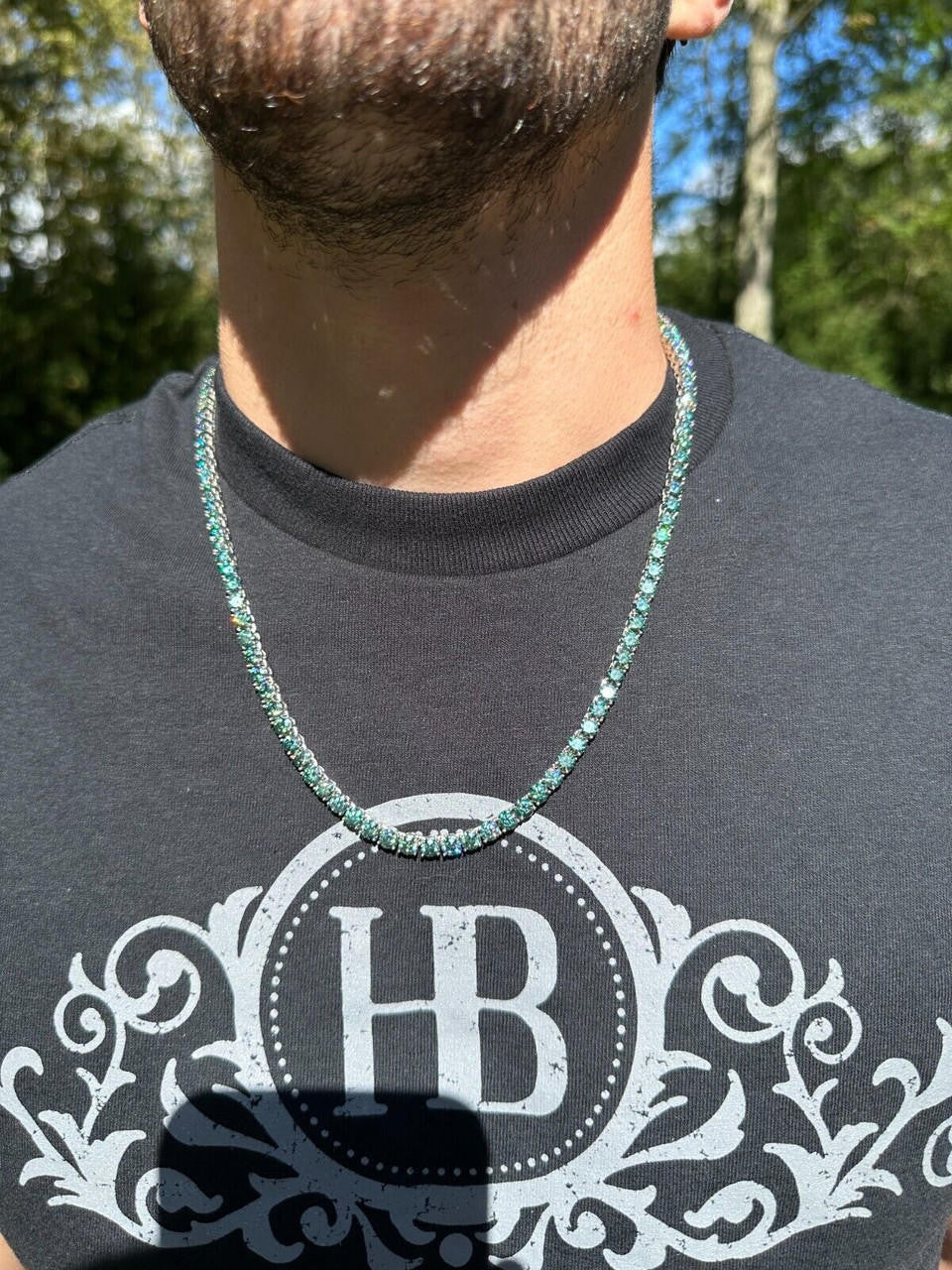 Green Tiffany Blue MOISSANITE Tennis Chain Necklace Iced Out - 925 Silver - 5mm - 16"-28"