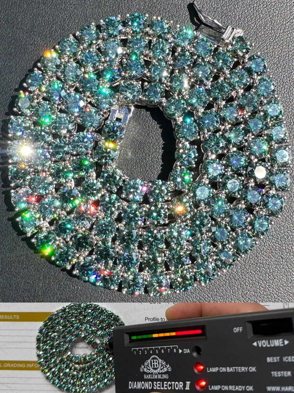 Green Tiffany Blue MOISSANITE Tennis Chain Necklace Iced Out - 925 Silver - 5mm - 16"-28"