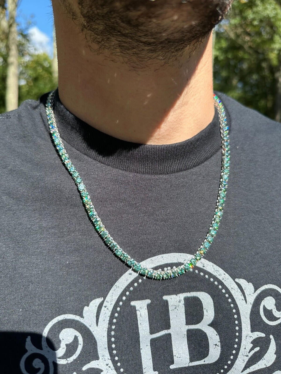 Green Tiffany Blue MOISSANITE Tennis Chain Necklace Iced Out - 925 Silver - 5mm - 16"-28"