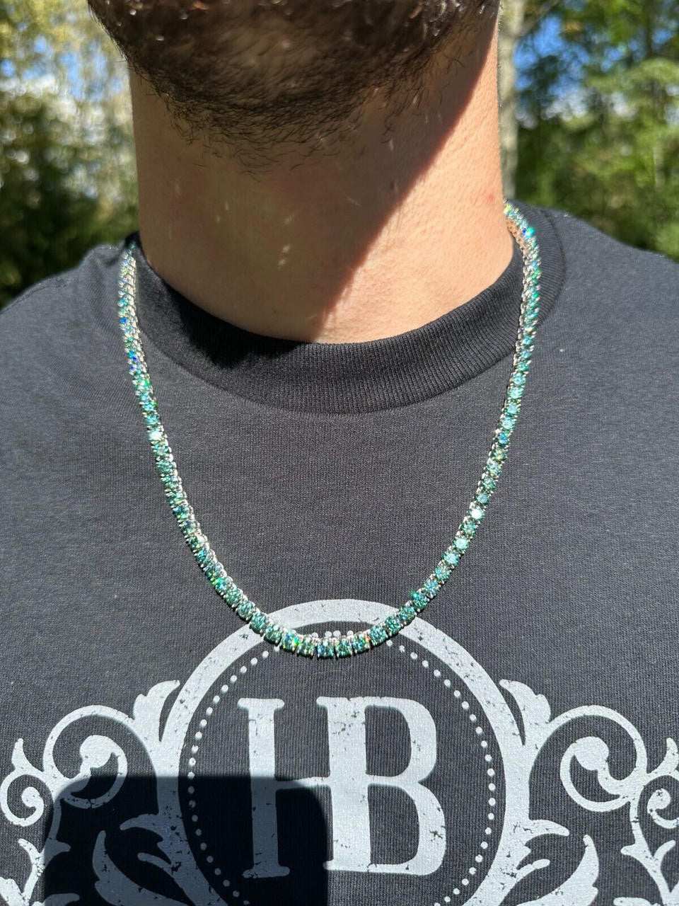 Green Tiffany Blue MOISSANITE Tennis Chain Necklace Iced Out - 925 Silver - 5mm - 16"-28"