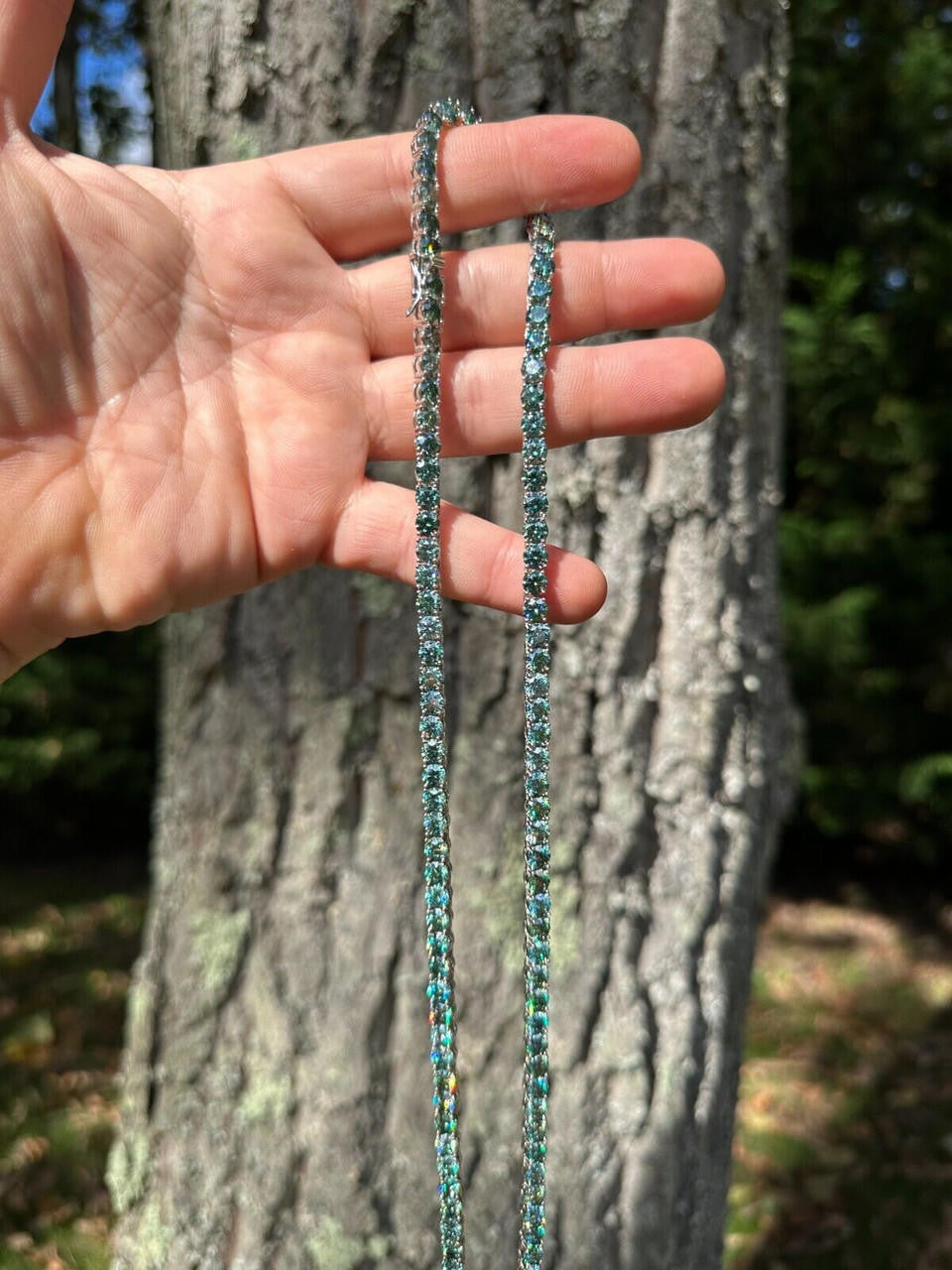 Green Tiffany Blue MOISSANITE Tennis Chain Necklace Iced Out - 925 Silver - 5mm - 16"-28"