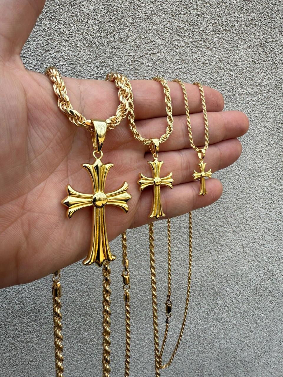 Hearts Chrome Cross Pendant - 14k Gold Vermeil 925 Silver - 3 Sizes 1"-2.5"